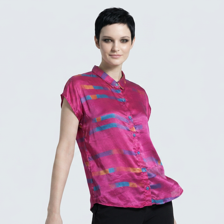 Women's Viscose Silk Art Shirt | Magenta Stripes Abstract Print Button Up Blouse | Cap Sleeve Statement Shirt | Gift for Art Lover