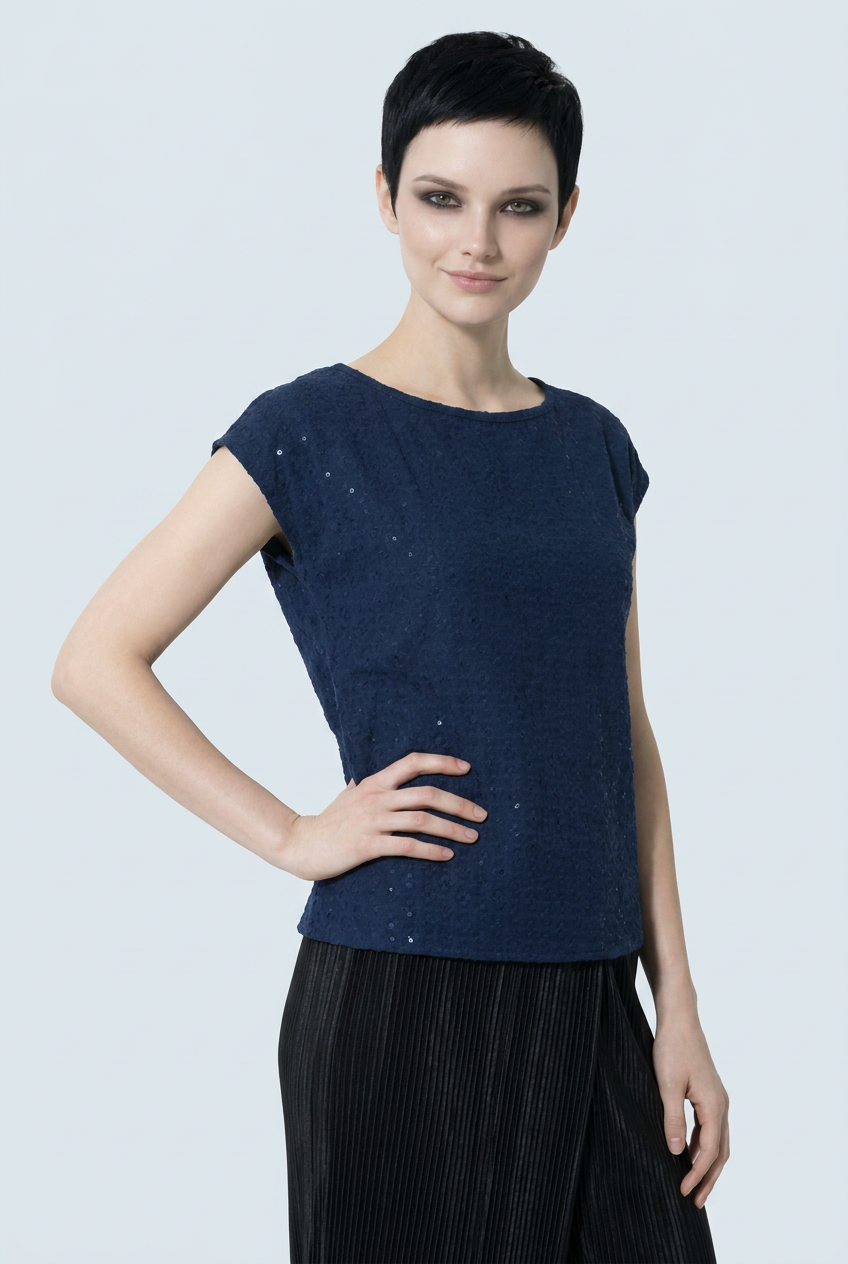 Blue Schiffli Embroidered Rayon Top for Women | Sequin Cap Sleeve Blouse | Lightweight Summer Casual Top