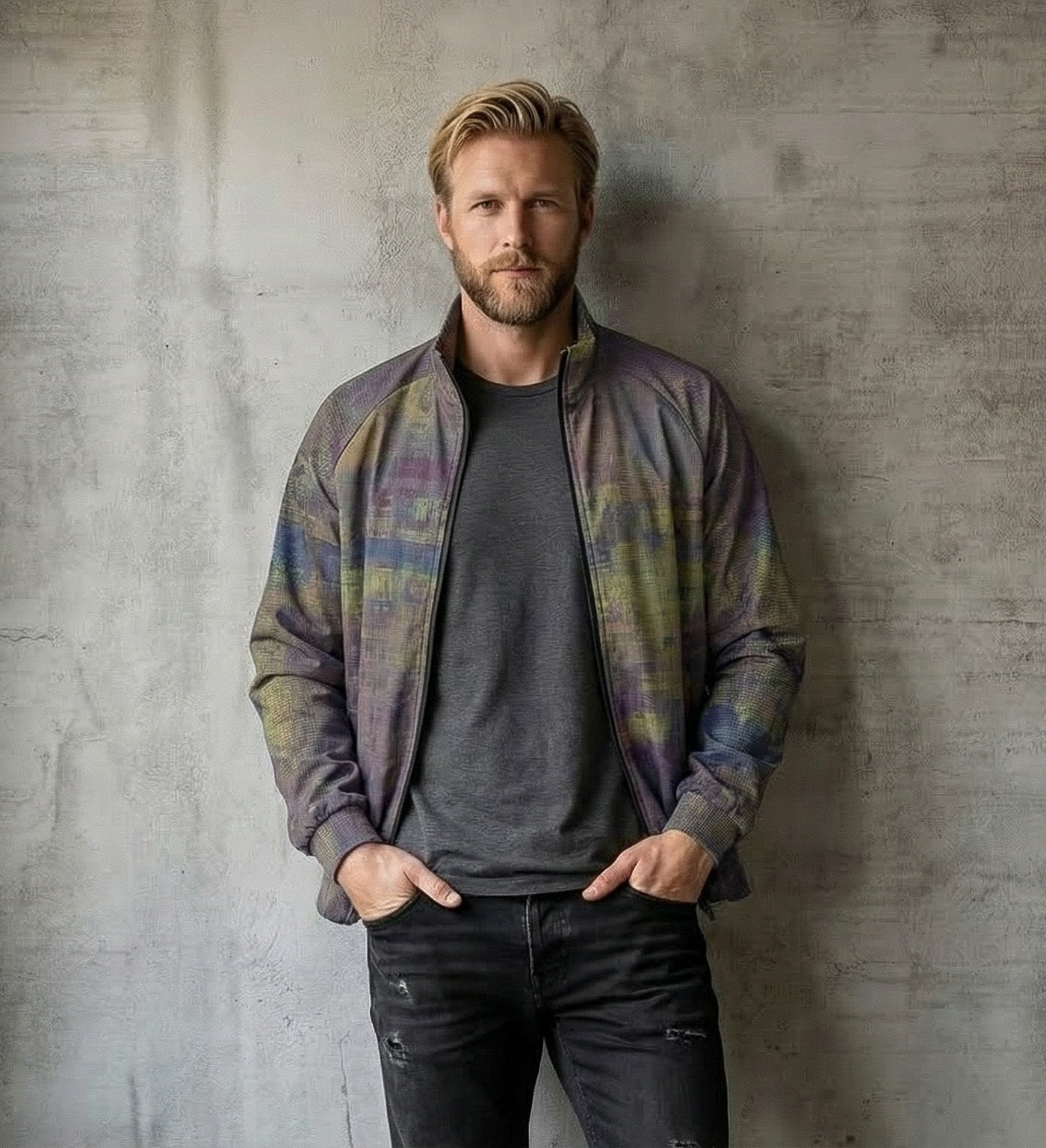 Men's Purple Glitch Texture Stand Collar Jacket