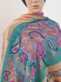 Hand-Embroidered Boiled Wool Shawl Scarf, Floral Design