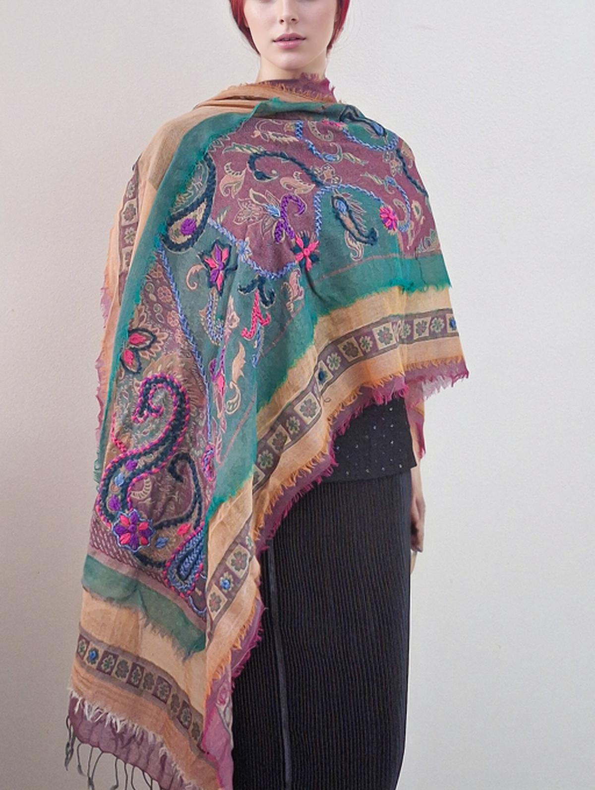 Hand-Embroidered Boiled Wool Shawl Scarf, Floral Design