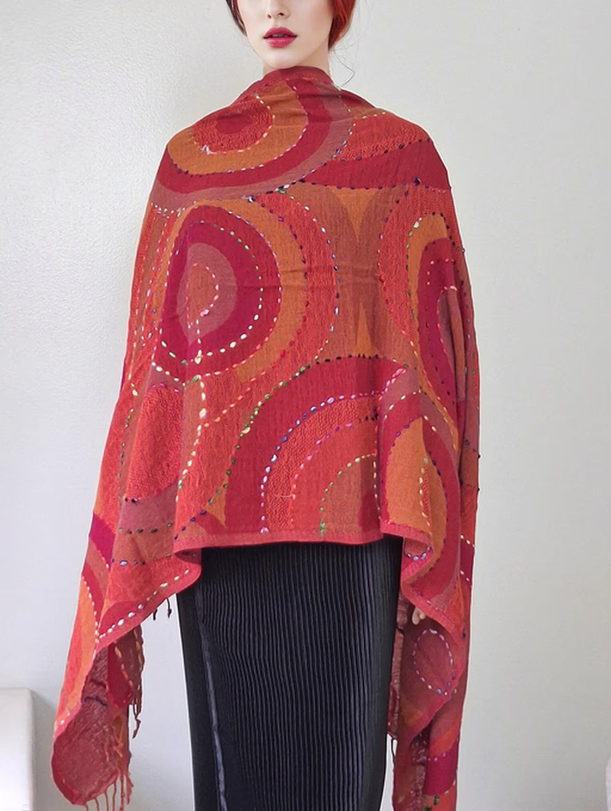 Hand-Embroidered Boiled Wool Shawl Scarf, Red Orange Arc Design, Handmade India