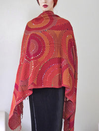 Hand-Embroidered Boiled Wool Shawl Scarf, Red Orange Arc Design, Handmade India