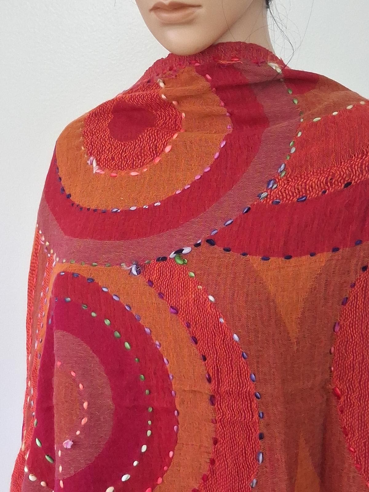 Hand-Embroidered Boiled Wool Shawl Scarf, Red Orange Arc Design, Handmade India