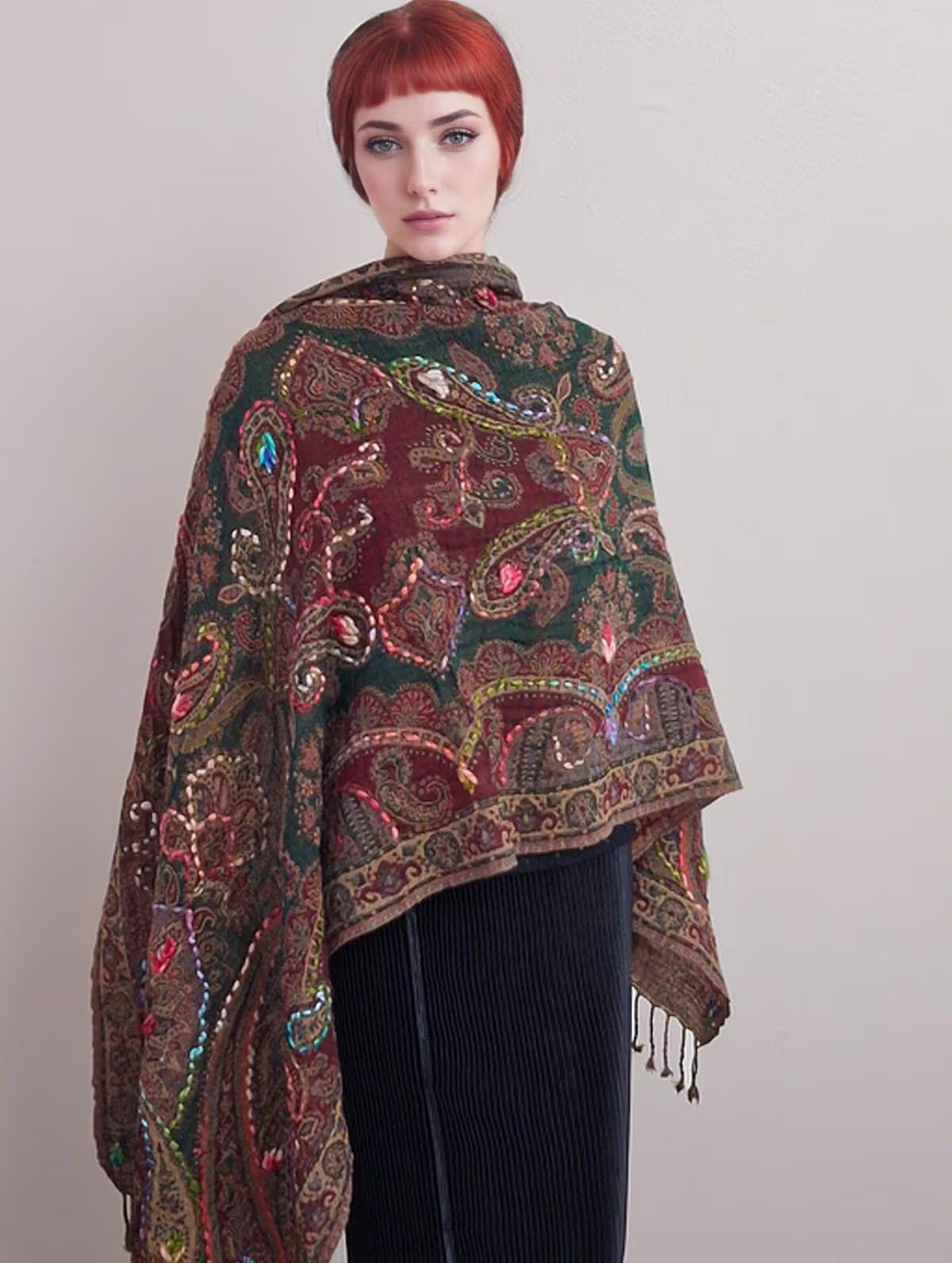 Exquisite super soft, boiled Wool Hand-Embroidered Shawl Scarf with a  paisley ornament design
