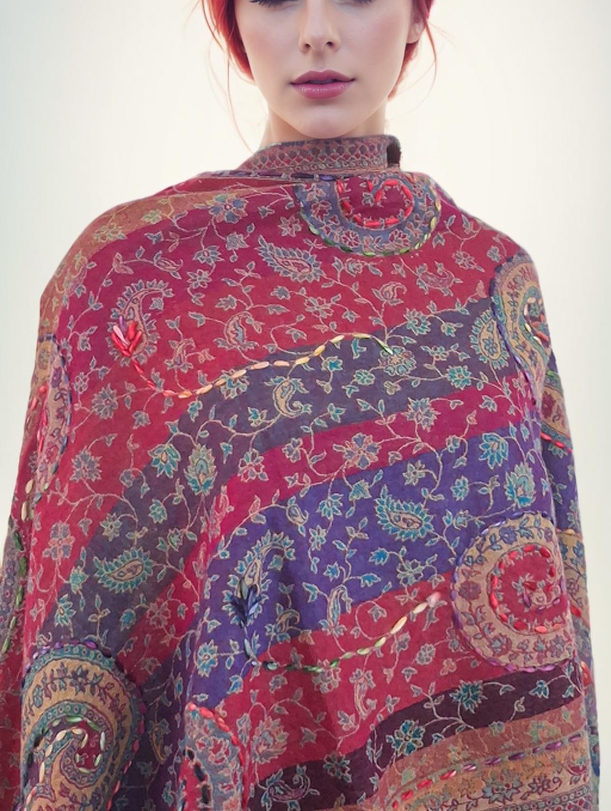 Hand-Embroidered Boiled Wool Scarf, Paisley Shawl