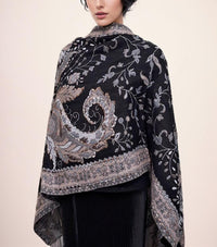 Elegant Black Paisley Embroidered Shawl with Intricate Floral Detailing
