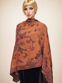 Orange Paisley Embroidered Shawl Glitter Wrap Bohemian Style Gift