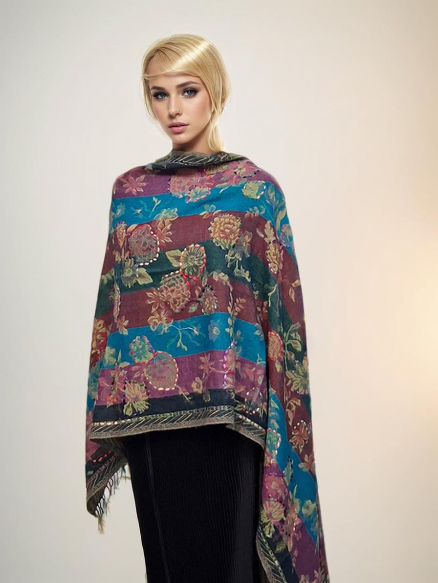 Vibrant Floral Striped Shawl Multi-Color Scarf Glitter Accents Women's Wrap