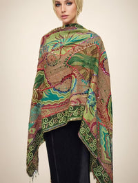 Textured Green Embroidered Shawl Ribbon Stitched Scarf Bohemian Festival Wrap