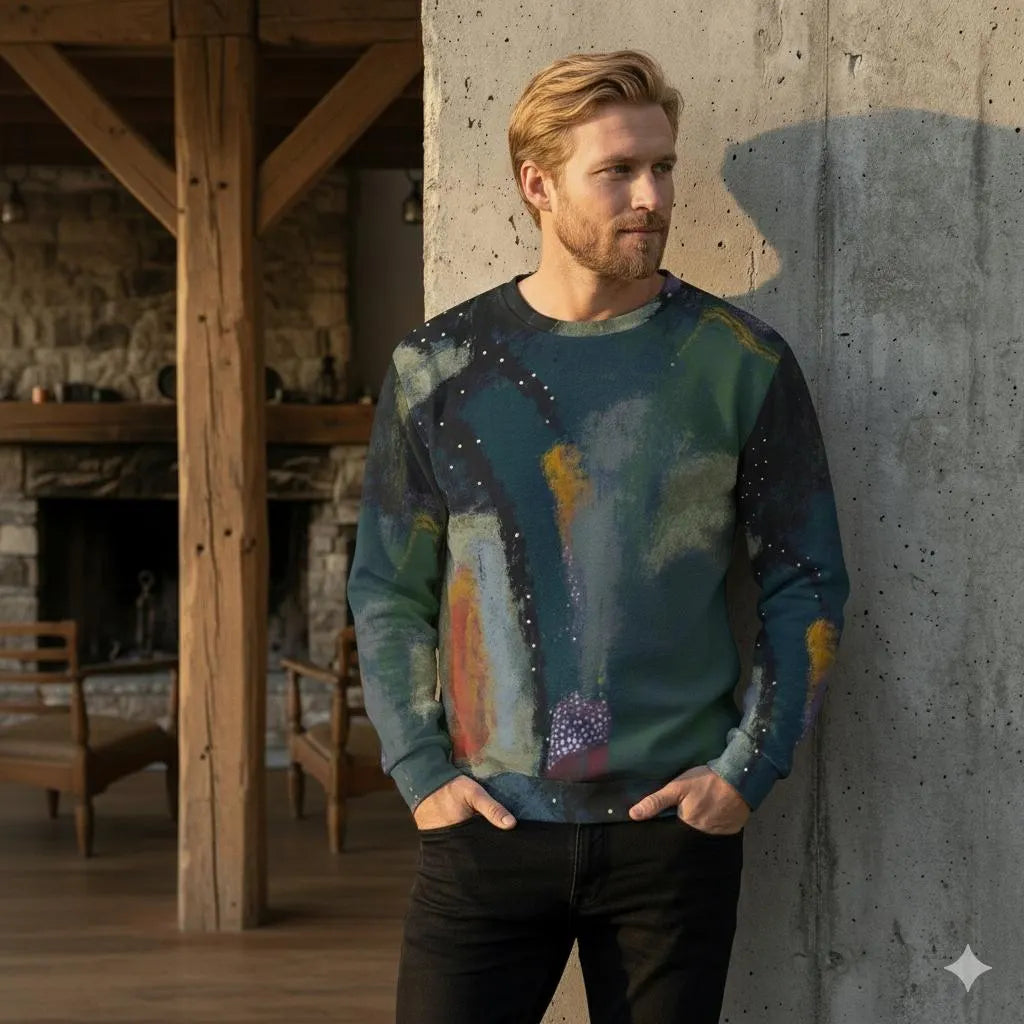 Men's Navy Green Teal Abstract Painting Thicken Sweater