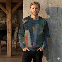 Men's Navy Green Teal Abstract Painting Thicken Sweater