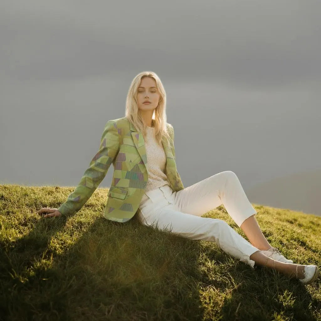 Women's Pale Yellow Green Geometric Blazer - Modern Pastel Art Jacket