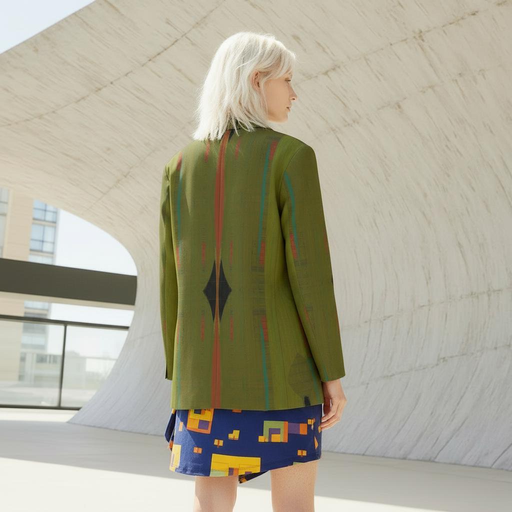 Women's Olive Green Red Stripe Texture Blazer - Modern Tribal Print Jacket