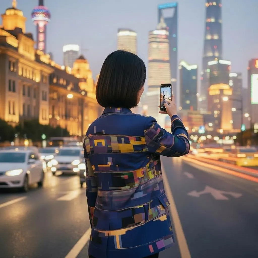 Women's Navy Yellow Abstract Block Print Texture Blazer - Geometric Design Jacket