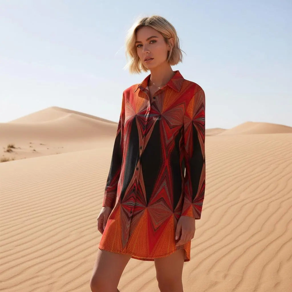 Women’s Fiery Shirt Dress – Custom-Designed Art Print Fashion