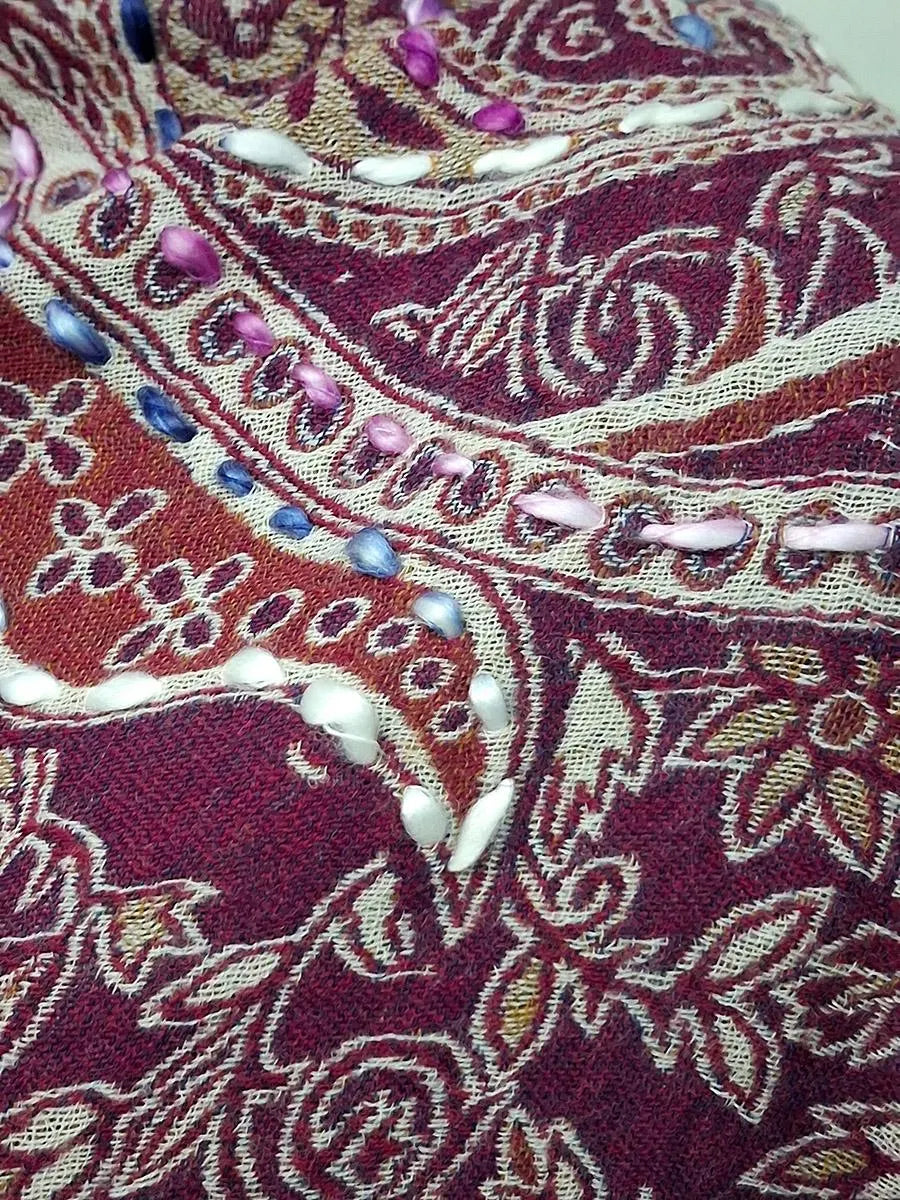 Elegant Maroon Floral Embroidered Shawl with Intricate Paisley Detailing