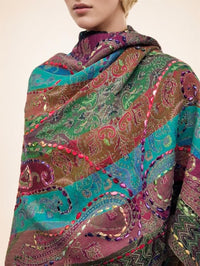Colorful Paisley Embroidered Shawl with Textured Boho Detailing