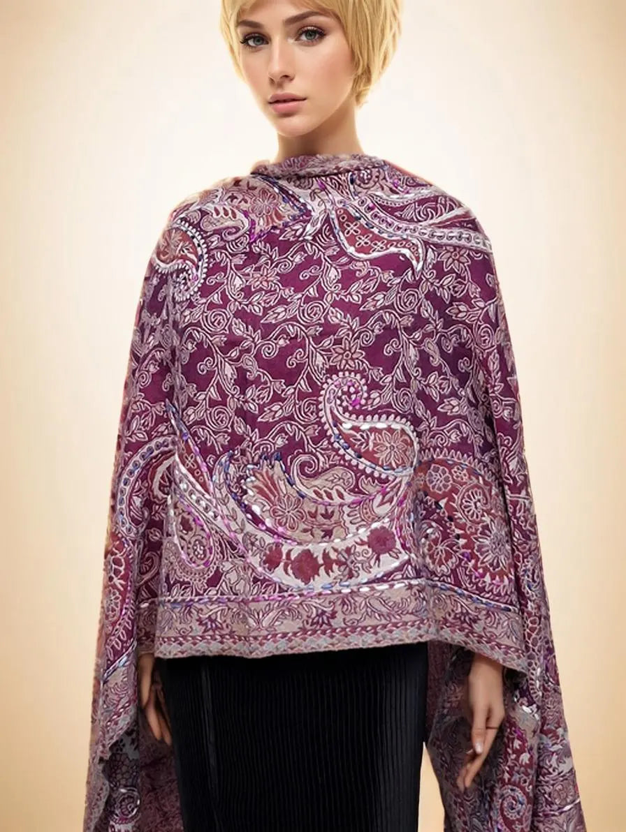 Elegant Maroon Floral Embroidered Shawl with Intricate Paisley Detailing