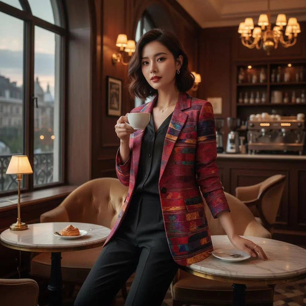 Women's Vibrant Red Multi-Color Bar Texture Blazer - Abstract Jacket