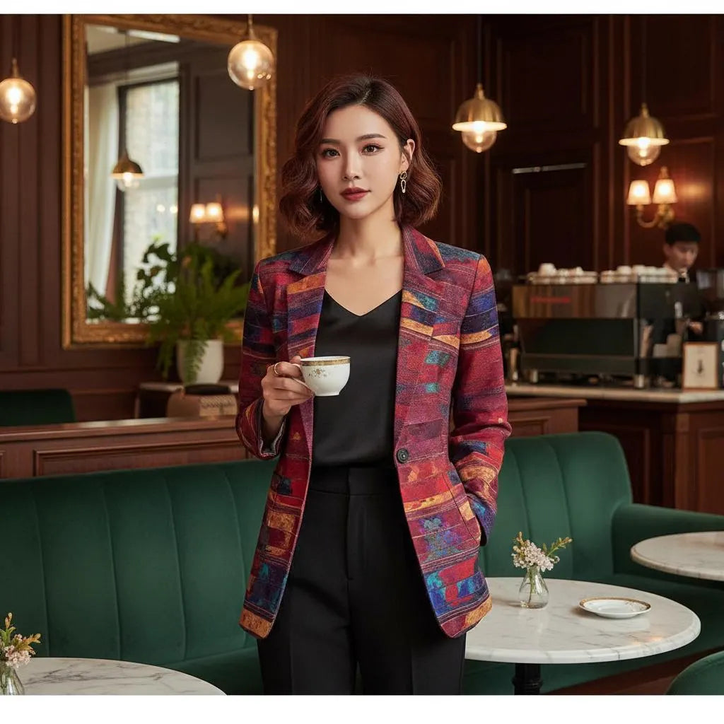 Women's Vibrant Red Multi-Color Bar Texture Blazer - Abstract Jacket