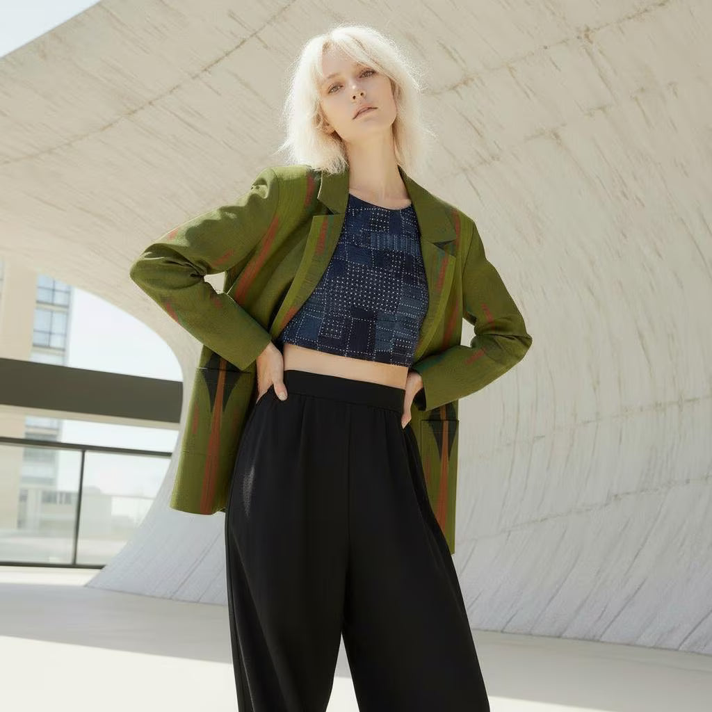 Women's Olive Green Red Stripe Texture Blazer - Modern Tribal Print Jacket