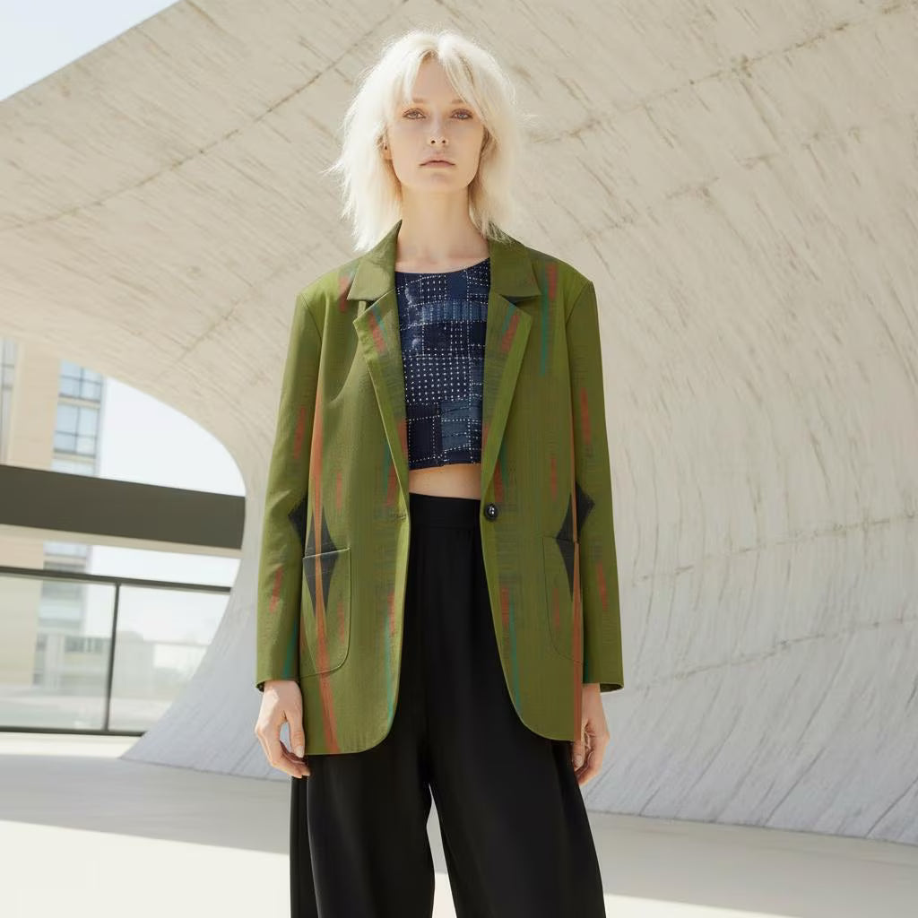 Women's Olive Green Red Stripe Texture Blazer - Modern Tribal Print Jacket