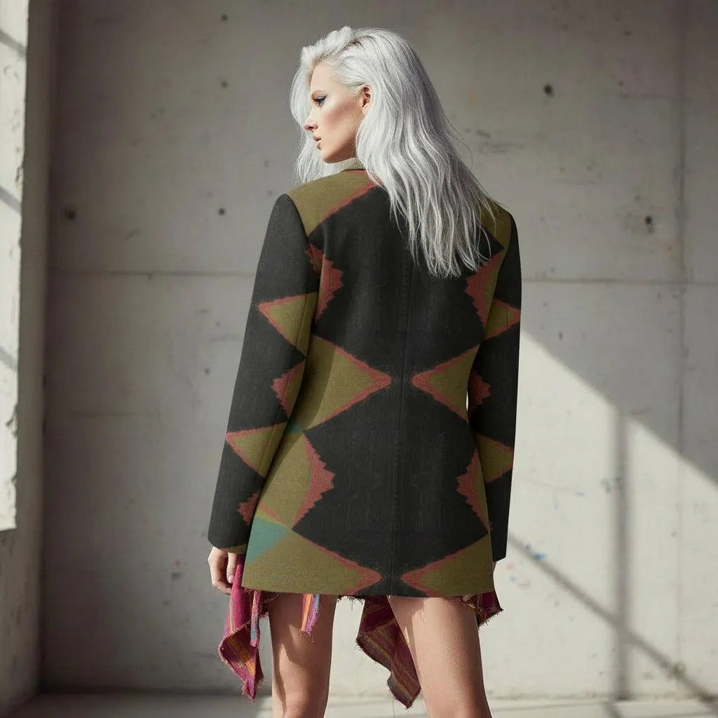 Women's Khaki Black Geometric Print Blazer - Abstract Diamond Pattern Jacket