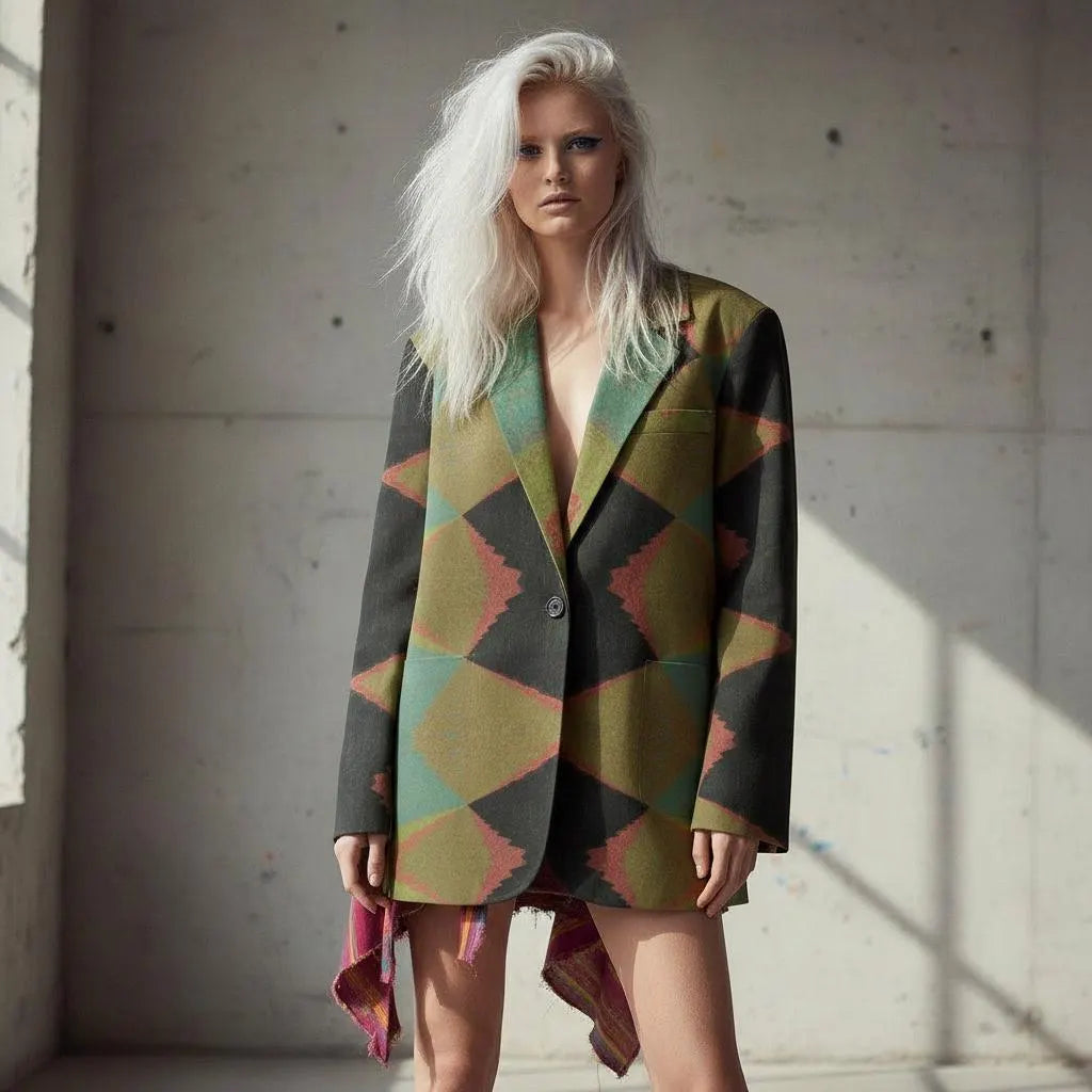 Women's Khaki Black Geometric Print Blazer - Abstract Diamond Pattern Jacket