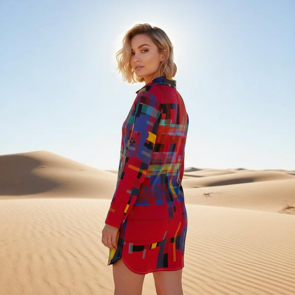 Red Square All-Over Print Women's Lapel Shirt Dress With Long Sleeve