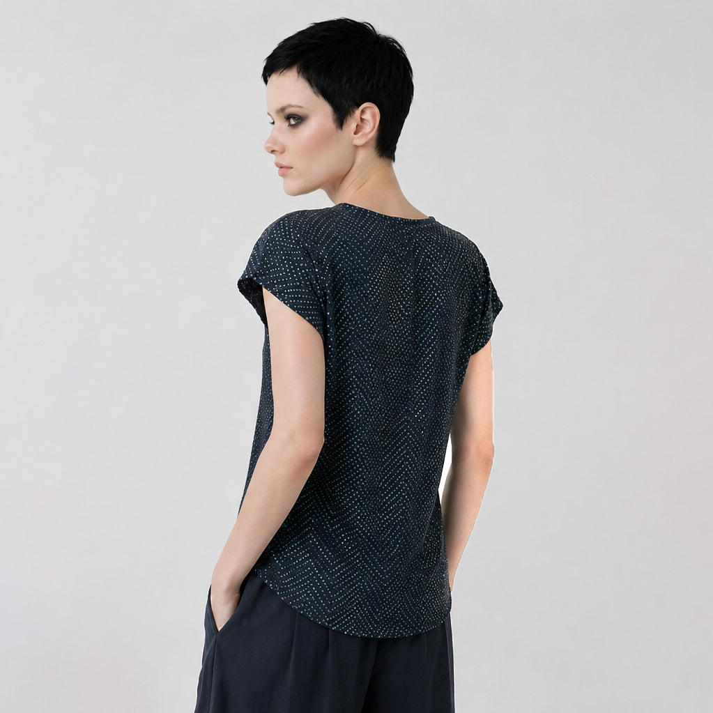 Women's Blue Viscose crepe Top with sequins and embroidery – Lightweight Artistic Cap Sleeve Blouse
