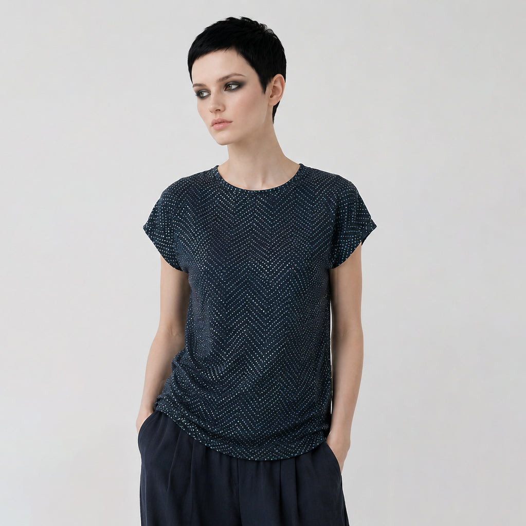 Women's Blue Viscose crepe Top with sequins and embroidery – Lightweight Artistic Cap Sleeve Blouse