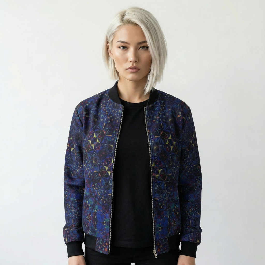 Women's Dark Blue Geometric Print Bomber Jacket